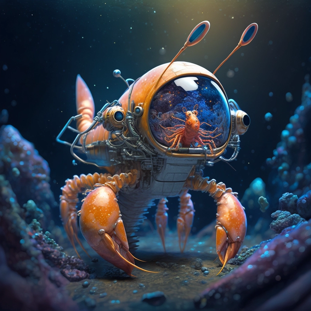8k Pixar-style 3D Space Scene with Intricate Shrimp-Astronaut Character
