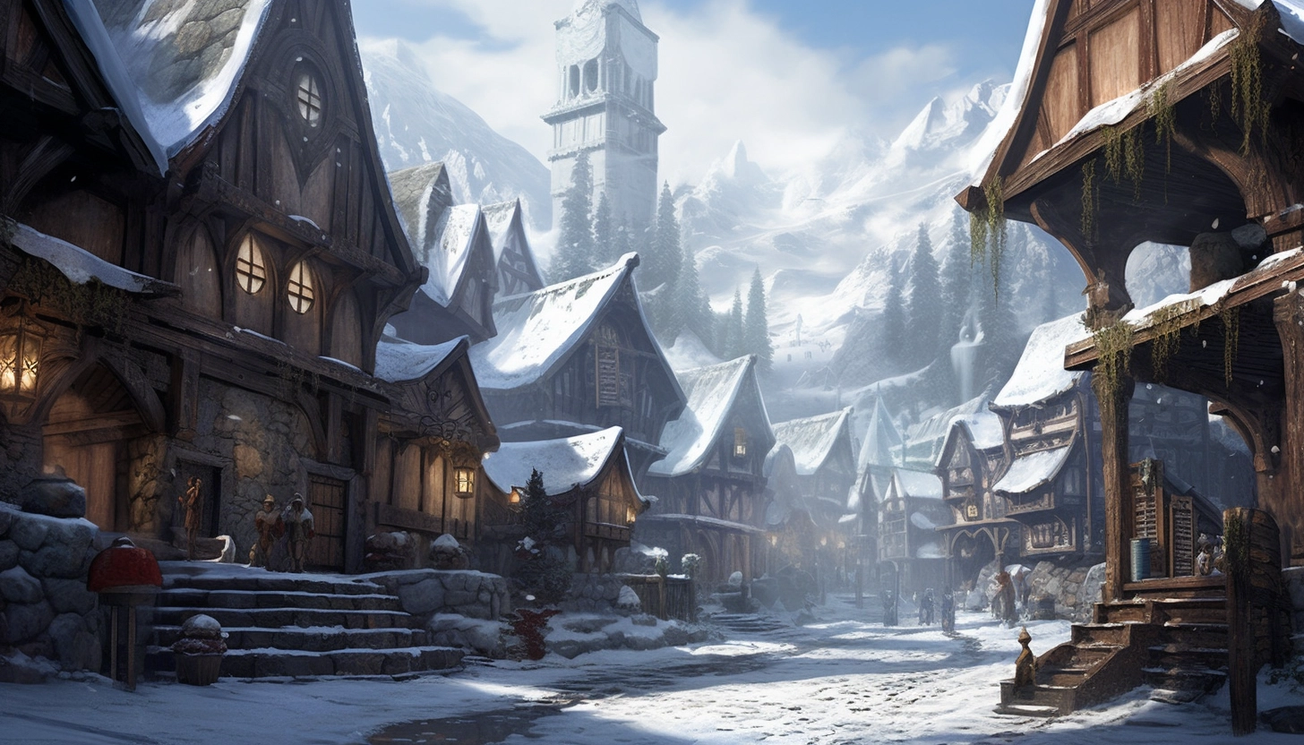 Fantasy Concept Art: Snowy Village with Ice Pillars